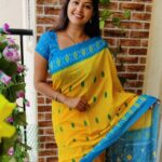 Rachitha Mahalakshmi Instagram – Colours speak louder than words…. 💛💙
:
#sareelove @yaalaboutique 
:
Customized blouse @as_ladies_stitch 
:
#supportwomenentrepreneurs🙋🏼💪🏻 
😇😇😇😇😇😇