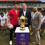 Rahul Bose Instagram - With the other musketeers, @brett_gosper and @s1dofficial at the unveiling of the #WebbEllisCup the @rugbyworldcup at the #BombayGymkhana today. Onward and upward!