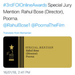 Rahul Bose Instagram – Have not heard of these awards before this year, but am thrilled Aditi is getting the recognition her performance deserves. As for the other Special Jury Mention, it goes to the entire team. Anybody who’s made a film will agree. My congratulations to all the winners. #Poorna #SpecialJuryMentions #awardsfeelwonderful #ittakesateamtomakeamovie #nicewaytostarttheyear