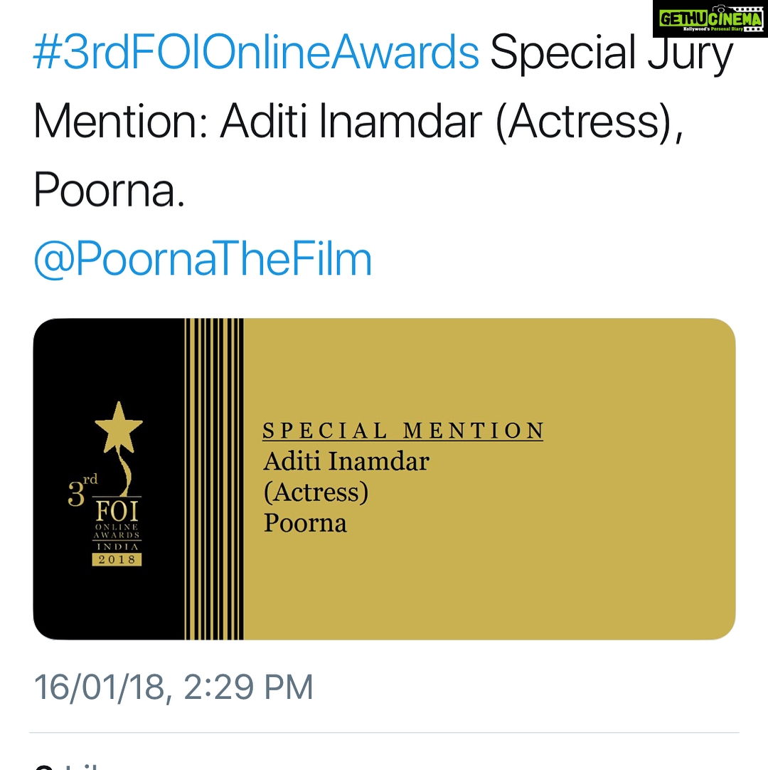 Rahul Bose Instagram - Have not heard of these awards before this year, but am thrilled Aditi is getting the recognition her performance deserves. As for the other Special Jury Mention, it goes to the entire team. Anybody who’s made a film will agree. My congratulations to all the winners. #Poorna #SpecialJuryMentions #awardsfeelwonderful #ittakesateamtomakeamovie #nicewaytostarttheyear