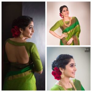 Regina Cassandra Instagram - 💚 some sari lovin again.. To the cutest stylist in the house @anupellakuru ... thank u and all the best! ☺️ Photo credits : @djpixels Styled by : @anupellakuru Outfit : @taiaofficial Accessories: @musaddilals.basheerbagh MUA: @makeupby_bobbykasara Hair : @chinnahairstylist