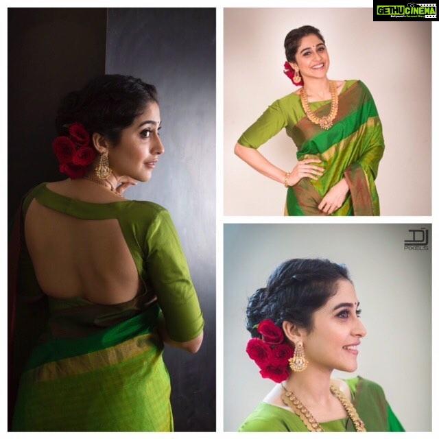 Regina Cassandra Instagram - 💚 some sari lovin again.. To the cutest stylist in the house @anupellakuru ... thank u and all the best! ☺️ Photo credits : @djpixels Styled by : @anupellakuru Outfit : @taiaofficial Accessories: @musaddilals.basheerbagh MUA: @makeupby_bobbykasara Hair : @chinnahairstylist