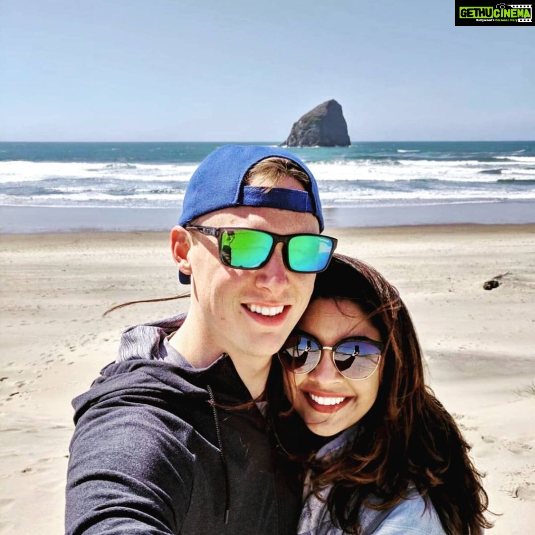 Richa Gangopadhyay Instagram - Old pic. Same man. New name.πβ£ #RichaLangella #itsofficial #Byegopadhyay β£ππ»ββοΈβ£ β£β£ β£β£ #Haystackrock #Oregoncoast #Oregonbeaches #summer #pacificcity #throwback Haystack Rock, Pacific City