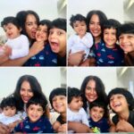 Sameera Reddy Instagram – Naughtiness Alert! 
Nyra and her boys😍 Saturday night be like🤓 #momlife #weekendvibes #funwithkids #messymama #naughtynyra #happyhans #sunshinesiddy #famjam #gratitude #momentslikethese 🤓