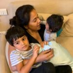 Sameera Reddy Instagram - I’ve got my hands full! Sunday mornings always be like this! ❤️ #momentslikethese #momlife