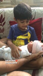 Sameera Reddy Instagram - I will hold her hand & never let it go mama❤️Jab they met 🥰 Hans & Nyra ⭐️I wanted to share one of the most important moments of my life . Introducing my son to his lil sister #happyhans #naughtynyra #brotherandsister #throwbackthursday #gratitude ⭐️