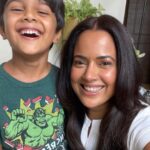Sameera Reddy Instagram – I was shooting yesterday after a long time and Hans came with his big hearty smile and said Mama you look pretty 😍 heart-melt mama moments that make life so beautiful ❤️🥺😭 #momlife #myson #messymama #happyhans #selfie #motherandson #motherhood #moments 🌟