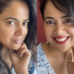 Sameera Reddy Instagram – 4 products💥4 minutes ✨Quickie Makeup Tutorial- Less is more! I love my #imperfectlyperfect skin and I also love having fun with makeup💄 1. Tara Multipot @luaer.in Apply lightly as a base 2. Chococcino tinted powder @trysugar lightly dab all over face  3. It’s always wine o clock lipstick @lakmeindia 4. Finish with your Mascara .Use what you have in your makeup kit ! You glow girl any way you want it 🌟#messymama #easy #makeuptutorial 😎💃