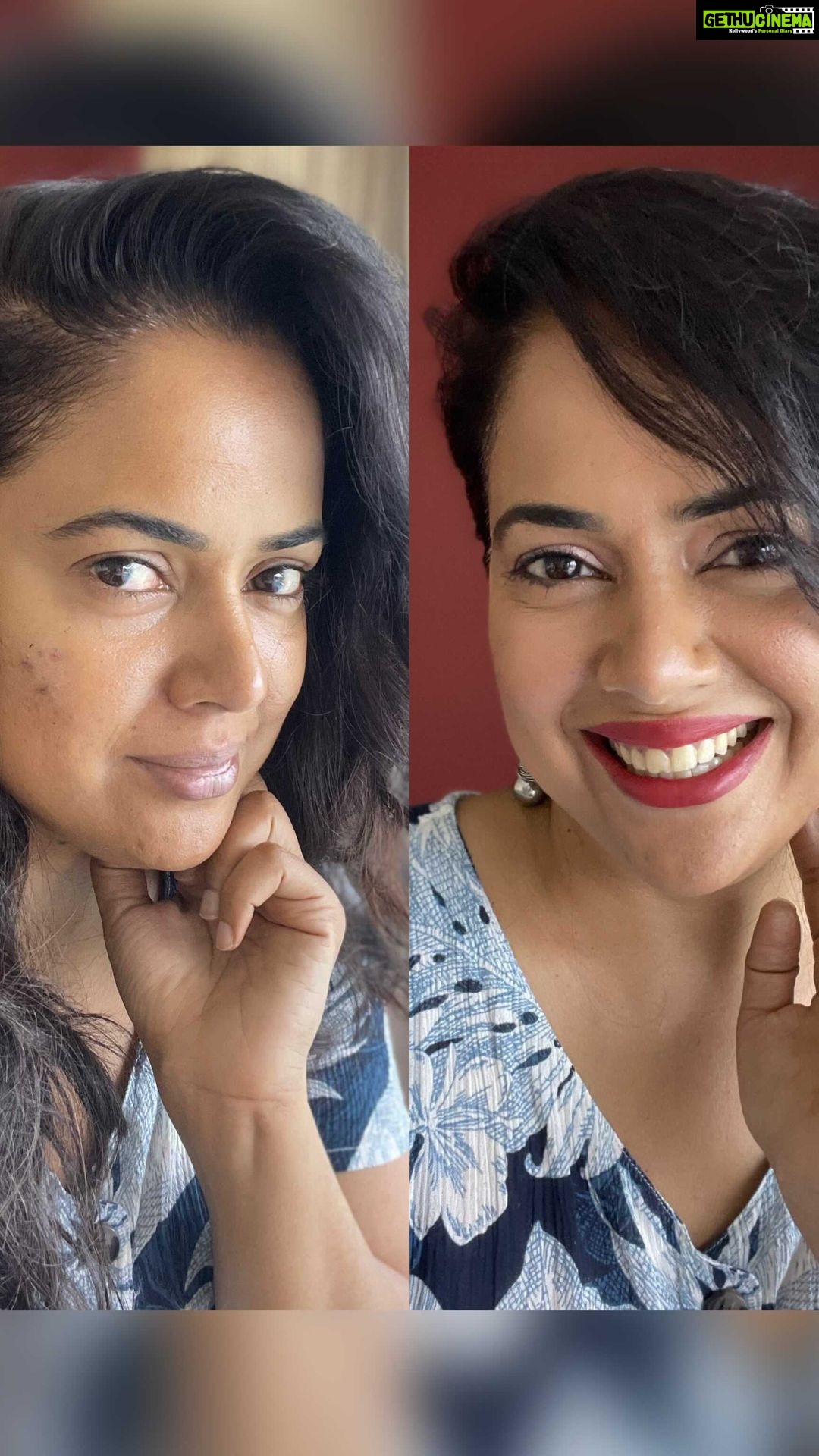 Sameera Reddy Instagram - 4 products💥4 minutes ✨Quickie Makeup Tutorial- Less is more! I love my #imperfectlyperfect skin and I also love having fun with makeup💄 1. Tara Multipot @luaer.in Apply lightly as a base 2. Chococcino tinted powder @trysugar lightly dab all over face 3. It’s always wine o clock lipstick @lakmeindia 4. Finish with your Mascara .Use what you have in your makeup kit ! You glow girl any way you want it 🌟#messymama #easy #makeuptutorial 😎💃