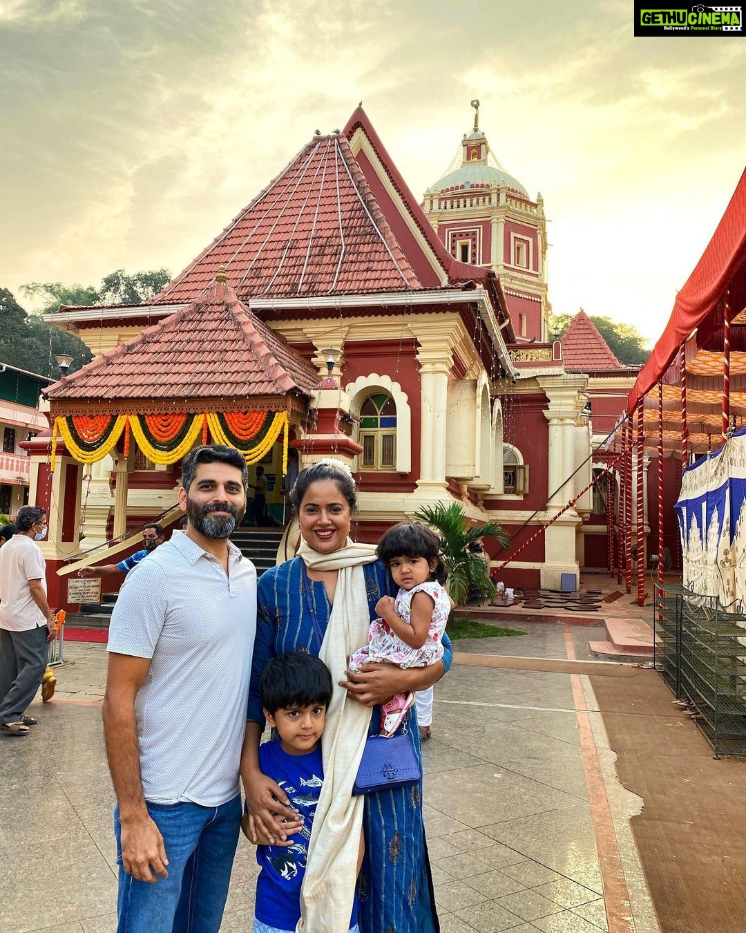 Sameera Reddy Instagram - Seeking blessings on this auspicious day of Basant Panchami at Shri Shantadurga Temple in Ponda, Goa. This pandemic brought big changes and shifting home to Goa was a new start for us đđź The festivities at the temple begin today and the preparations are in full glory! đş Goa has some beautiful places of worship and this temple is a must visit . #messymama @mr.vardenchi @manjrivarde #naughtynyra #happyhans #sassysaasu #newbeginnings â¨đđź . #fyi Shri Shantadurga Temple is situated at the foothill of Kavalem village in Ponda Taluka, Goa. A small laterite mud shrine was built and the deity was installed here. The mud-shrine was converted into a beautiful temple whose foundation stone was laid in 1730 and the temple was completed in 1738 and renovated in 1966 The temple is dedicated to Shantadurga, the goddess who mediates between Vishnu and Shiva. The deity is also called 'Santeri' colloquially. Local legends tell of a battle between Shiva and Vishnu. The battle was so fierce that the god Brahma prayed to Goddess Parvati to intervene, which she did in the form of Shantadurga. Shantadurga placed Vishnu on her right hand and Shiva on her left hand and settled the fight. ⨠Shree Shantadurga Saunsthan, Kavale, Ponda, Goa