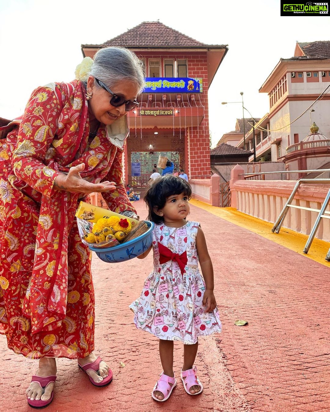 Sameera Reddy Instagram - Seeking blessings on this auspicious day of Basant Panchami at Shri Shantadurga Temple in Ponda, Goa. This pandemic brought big changes and shifting home to Goa was a new start for us đđź The festivities at the temple begin today and the preparations are in full glory! đş Goa has some beautiful places of worship and this temple is a must visit . #messymama @mr.vardenchi @manjrivarde #naughtynyra #happyhans #sassysaasu #newbeginnings â¨đđź . #fyi Shri Shantadurga Temple is situated at the foothill of Kavalem village in Ponda Taluka, Goa. A small laterite mud shrine was built and the deity was installed here. The mud-shrine was converted into a beautiful temple whose foundation stone was laid in 1730 and the temple was completed in 1738 and renovated in 1966 The temple is dedicated to Shantadurga, the goddess who mediates between Vishnu and Shiva. The deity is also called 'Santeri' colloquially. Local legends tell of a battle between Shiva and Vishnu. The battle was so fierce that the god Brahma prayed to Goddess Parvati to intervene, which she did in the form of Shantadurga. Shantadurga placed Vishnu on her right hand and Shiva on her left hand and settled the fight. ⨠Shree Shantadurga Saunsthan, Kavale, Ponda, Goa