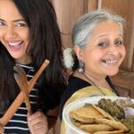 Sameera Reddy Instagram - When we moved to Goa the one thing I knew would be a challenge to get is Sassy Saasu’s Undhiyu vegetables😱it is such a big Gujarati tradition to make this winter dish every year that we just had to find a way and @manjrivarde did !Today we are making Undhiyu for you❤️Please try this at home it is super yummy 🧑‍🌾 For 10 kgs - ( yes we make a huge batch but you can make your measurements Accordingly) 👉🏼 Purple yam/Kand 2kg Surti Papdi 2 kg Tender Vaalor Papdi 1kg Surti small Brinjal 2 kg Mixed Tender Tur and Surti Papdi beans. 2kg Small potatoes 2 kg 2 large bunches methi leaves 2 large bunches coriander/dhaniya 2 grated coconuts 2 large bundles tender green garlic 20 green chillies 2 tablespoons garam masala Salt to taste Chop methi fine. Add 5 chopped green chillies, 2 teaspoons jeera powder, wheat flour to just bind, salt. Mix well with less water. Form them within your fists. The shape the. Resembles your fist and this is why they are called Muthiyas! Fry this in oil. Keep aside Take same oil for the Undhyu. Mix coconut, coriander, chopped tender garlic, salt and garam masala. Keep aside. Take 2 large serving spoons in large vessel. Heat oil. Add the peeled beans and the papdis and stir fry for 5 minutes. Coat well with the hot oil. Keep aside. Pour another 2 large serving spoons into a large pan. Add chopped pieces of Kand and Potatoes. Layer with masala. Add brinjal layer. Sprinkle masala. Add stir fried papdi layer and few Muthiyas. Layer masala on top. Repeat all the layers again if required. Pour 3 tablespoons of oil on the top. Cover with heavy lid and let cook for 10 minutes. Open and gently upturn all the veggies so the bottom ones are now on top. Cover again and cook till done. Cook so they are well done but not mushy. Take a good whiff of the extraordinary fragrances that will fill your kitchens and then attack😂😅 We liked our Undhiyu spicy so we never added sweet potato or raw bananas. You can. And absolutely no sugar or jaggery. In this the oil is also very controlled.No floating oil will be seen😆Except for the green garlic and little garam masala,there are no strong masalas used. It’s the gorgeous winter vegetables that steal the show