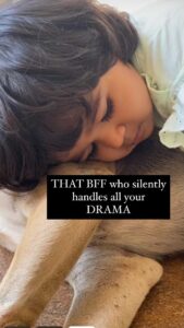 Sameera Reddy Instagram - #bff be like Tommy❤️🐕 Tag that person who silently listens to your drama 🎭 #bffgoals #naughtynyra #terrifictommy #messymama #yashrajmukhate #edit #momlife #fun 💃