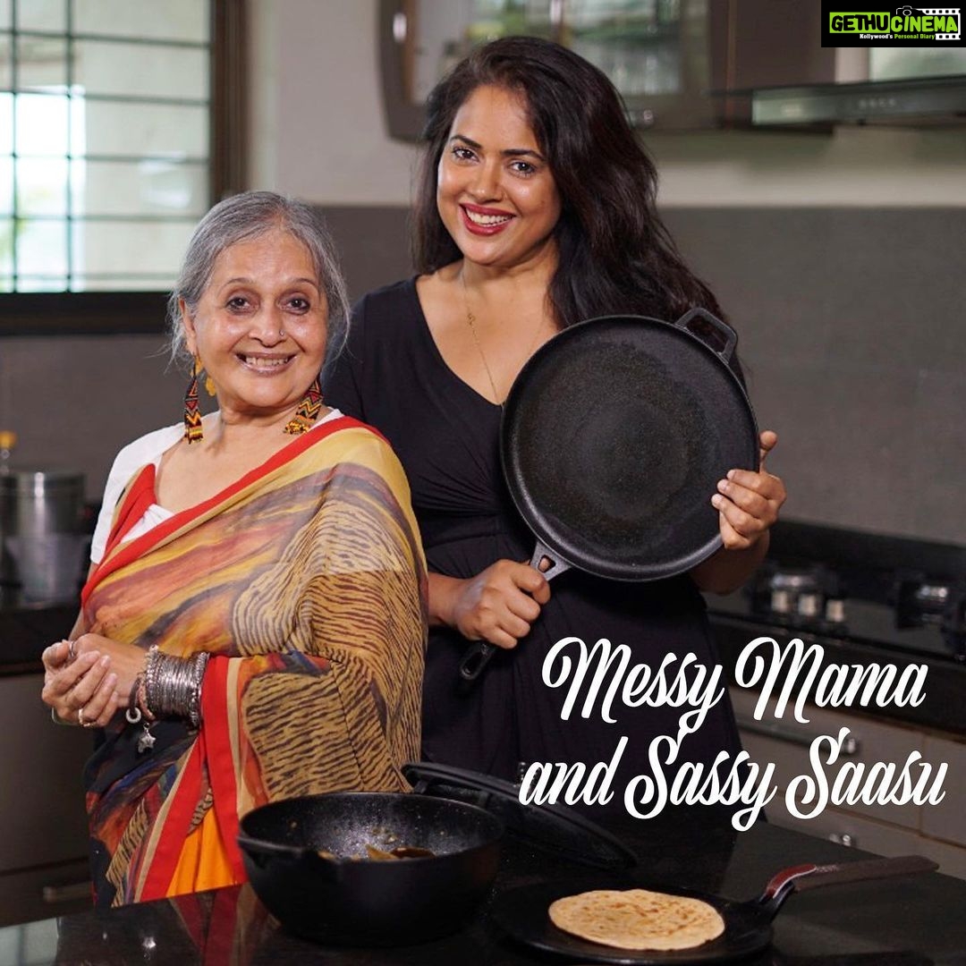 Sameera Reddy Instagram - Who would have thought I would be in the same frame as my mother in law😍 it is our first brand collaboration together for our cooking video! How cool is that! @manjrivarde you have won so many hearts and I’m so glad we discovered Sassy Saasu 🌶! You are the true star and I’m so thrilled to be your wingman ! @vinod_cookware X Messy Mama & Sassy Saasu 🥘 #saasbahu #bff #messymama #sassysaasu #cooking #letsdothis ❤️
