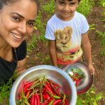 Sameera Reddy Instagram - We have a small patch where we try and grow some vegetables and I cannot tell you how fulfilling it is to pluck your own produce 🌽 Being a Mumbai girl I guess I never experienced this and it’s such a great activity for kids . I’m inspired by the numerous stories I’ve heard of people growing produce in their balconies / terraces. Even a simple micro green on the windowsill . And I really want to explore it more because I can see Hans enjoying the experience . ❤️ #Sundayfunday #messymama #happyhans #farming #chilli 🌶 #positivevibes #sunday #imperfectlyperfect #momlife Goa
