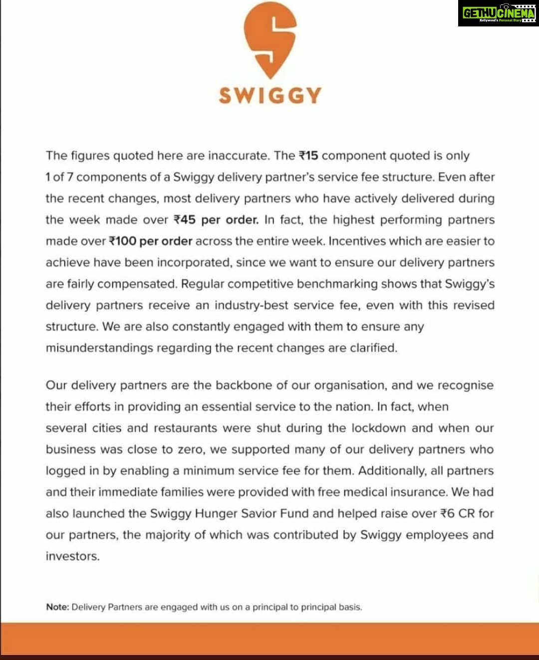 Sanam Shetty Instagram - Swiggy Cares had responded to my twitter post yesterday (@samsanamshetty1) in response to the ongoing strikes with @swiggyindia 's officially released statement. They have not denied the alleged cost cuts but have tried to justify that the delivery partners are not affected much with these changes. I strongly disagree with Swiggy's statement since the multi state strikes are a direct reflection of the extreme inconveniences to the delivery partners. They are obviously unhappy and feel deprived of their original salary amounts. Swiggy needs to publish the detailed salary split up structure to understand their claims. Request @swiggyindia to be fair to your delivery executives and hear their pleas. It is not charity to exempt payments from ur customers and to make ur staff take the brunt of it! Plz check the letter from AIITEU - All India IT and ITES Employees Union in next image (swipe next). They mention detailed pointers in support of the Swiggy delivery executives. Awaiting Swiggy's response to the same soon. #swiggystrikechennai #swiggyresponse #aiiteu