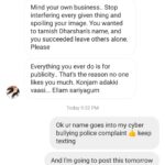 Sanam Shetty Instagram – Just today I was talking about women supporting other women and this brilliant message lands up!
.
So this lady jillylukefernando who doesn’t know anything about me cares so much about my ‘image’ and ORDERS me to stop talking about social issues ! 
Since she anyways accuses me of PUBLICITY I thought il publicize this and make her famous (as promised)!
.

This is just one of many texts I receive on a daily basis in the safety of Private messages. They don’t comment openly. 
.
Now we know why many people fear to address any important, crucial social issues which concern the wellbeing of so many lakhs of people! 
.
We all have to peacefully live in this country and that is possible ONLY if we all voice out about any injustice to the public without bullying the people who voice out. 
.
#cyberbullying #slutshaming #beresponsible #goodnight