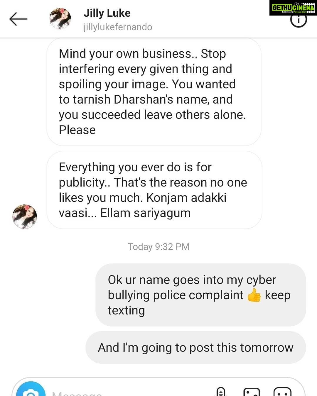 Sanam Shetty Instagram - Just today I was talking about women supporting other women and this brilliant message lands up! . So this lady jillylukefernando who doesn't know anything about me cares so much about my 'image' and ORDERS me to stop talking about social issues ! Since she anyways accuses me of PUBLICITY I thought il publicize this and make her famous (as promised)! . This is just one of many texts I receive on a daily basis in the safety of Private messages. They don't comment openly. . Now we know why many people fear to address any important, crucial social issues which concern the wellbeing of so many lakhs of people! . We all have to peacefully live in this country and that is possible ONLY if we all voice out about any injustice to the public without bullying the people who voice out. . #cyberbullying #slutshaming #beresponsible #goodnight