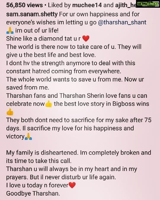 Sanam Shetty Instagram - LEAVE ME ALONE!!!! I AM OUT OF HIS LIFE. HE IS ALL YOURS. TAKE HIM. I DONT NEED HIM OR HIS FAME OR HIS LOVE OR YOUR SYMPATHY ππ I DONT BLAME HIM FOR ANYTHING. @tharshan_shant WILL THANK YOU ALL FOR SAVING HIM FROM ME. GOOD JOB EVERYONE. U WIN. HE WILL WIN. SHERIN WILL WIN. BE HAPPY ALL OF YOU tharshanfans tharshansherinlovers sanamhaters BIGBOSS FAN PAGES. I CANT DO ANYTHING MORE THAN THIS. TODAY I REALIZE THERE IS NO VALUE FOR LOVE IN THIS HEARTLESS WORLD. LET HIM BE IN PEACE. LET ME BE IN PEACE. ππππππππ NO MORE BLAMING. NO MORE ADVICES. NO MORE POSTS. ANYMORE I HEAR IL LEGALLY COMPLAIN AGAINST EACH ONE OF YOU FOR HARASSAMENT. I HAVE ALL YOUR TEXTS. THIS IS MY FINAL WORD ON THIS. GET OUT ALL OF U.