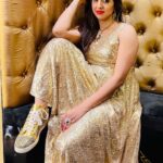 Sanjjanaa Instagram - Here is a Bling Gold outfit i flaunted yesterday ... Specially made for me by Celebrity Designer my Favourite @chandangowda_official & I pared it with my super comfy @louboutinworld shoes setting New Fashion Funky Goals ❤️❤️❤️ Gold being my most Favourite shade coincidently the theme of the evening was "Black & Gold " while I attended the Launch of the "Most Premium Salon" I have Witnessed in #Banglore City @the.nailartistry , ... they have Ventured into #Bengaluru with the 3rd branch expanding there territory after Concurring " Chennai " & Kochi with There Luxurious chain of Salons .... It's a Class of a Salon with all the Salon services provided under one Roof .. including complex services like Eyebrows micro blading , designer Nail Arts and a lot lot more … one would love to live in & Not go back home from this space ... With the " Black & Gold " Glamourous shimmery @versace interiors it makes one feel like a Egyptian " King or Queen " visiting this palace like Paradise in indiranagar , 100 feet Road to be Pampered to Eternity & Bliss ... You Must visit this Unisex #Salon to witness & Experience my words in person ... Perhaps #TheNailArtistry has taken #Nammabengaluru city’s Standards a couple of Notches Higher in the Salon industry ... with having No other Salon in competition with them !!! Hair by @shruthireddy Make up by @sumakeover_by_lavanya Beautifully Photographed by @manu_mj_joe Outfit curated by #Chandangowda also Check out his store @rentyourlook_by_chandangowda Bangalore, India