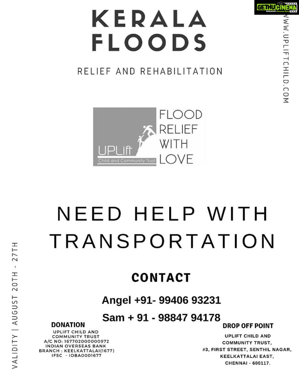 Santhosh Prathap Instagram - Hey Guys I’m sharing this post on behalf of my friends @samsharmak and @gladymagdalin for a good cause. they have supplies to help people in Kerala and it needs to be transported to the needy on time. They are looking out for people who can help them with transportation. It’s through a registered trust called #upliftchildandcommunitytrust from Chennai. WWW.UPLIFTCHILD.COM Validity- August 20th - 27th Pls do share and support.. Chennai, India