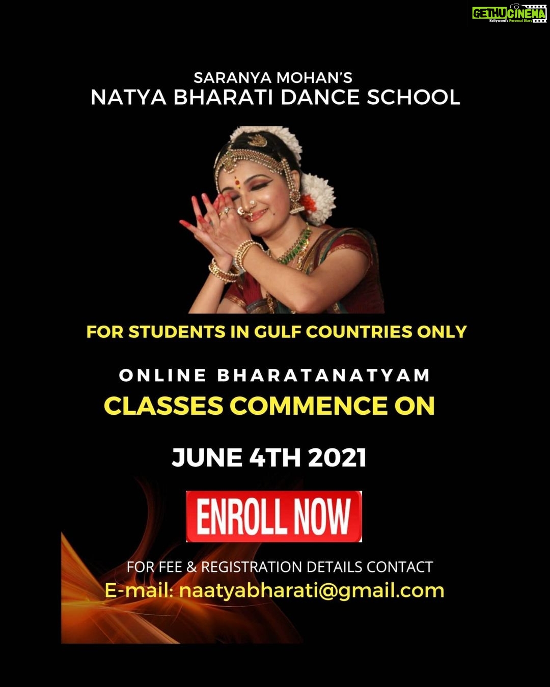 Saranya Mohan Instagram - Classes commence on June 4th, 2021. For those interested, please sent a mail to naatyabharati@gmail.com. The students will be interviewed(casual one though)via Virtual platform like Zoom/Google meet. P. S :I have been getting queries regarding classes for students in India. Just wanted to inform that admissions for the students in India have been closed. Thank You.