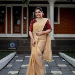 Sarayu Mohan Instagram - When a beautiful saree speaks!❤ Soft golden tissue organza saree with Zari weaving border ,bird motif embroidery work with additional stone work . And cotton tassels on pallu blouse, phantom silk blouse with sequence work Thank u @meadow_by_priyanka♥️ U can catch me clad in this beautiful saree for several times 😁 Click, very dearest @_story_telle__r ♥️