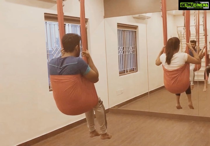 Shanthanu Bhagyaraj Instagram - Train your mind to be Stronger than your Body 🔥💛 @aum_yogini Thank you #Kavitha @aestheticyogi and team 💛 #coupleworkout #AerielYoga #couplegoals #fitness #yoga @kikivijay11