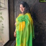 Shriya Sharma Instagram - Brightening up your mood after a hard long day at work with this lovely saree from @sam_collectionss 💛💚💛 Jewellery (Earings and Kada) from - @_.thejhumkastore._ #shriyasharma
