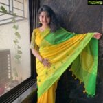 Shriya Sharma Instagram - Brightening up your mood after a hard long day at work with this lovely saree from @sam_collectionss 💛💚💛 Jewellery (Earings and Kada) from - @_.thejhumkastore._ #shriyasharma