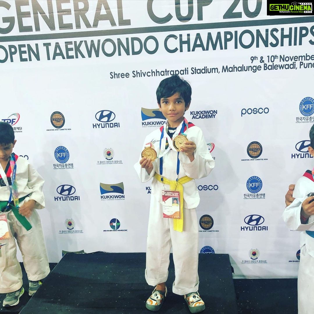 Sibi Sathyaraj Instagram - Extremely happy and proud to share that my son #Dheeran has won 2 Gold medals in the National level Taekwondo championship 2019 that happened today in #Pune😊🙏🏻 #DheeranSibiraj #Taekwondo #Pune #ProudParents #தமிழன்