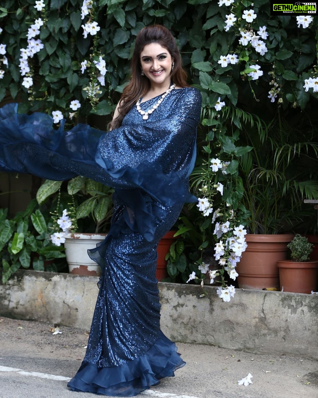 Sridevi Vijaykumar Instagram - Dream big..Sparkle more..Shine bright Completing my look with the trending sequins midnight blue saree from @neerusindia Jewellery @the_jewel_gallery #comedystars#starmaa#disneyhotstar#sunday#sequinsaree#shine#glitter#festive#glam#partywear#bling