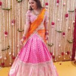 Sridevi Vijaykumar Instagram – Dressed up in this beautiful half saree from @mugdhaartstudio 🧡💕🧡💕 loved the color combination #bridalwear#kanchipattu#langavoni#mugdhaartstudio#traditional#morningslikethese#familyfunction