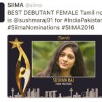 Sushma Raj Instagram – Siima nominated me for the best debutant for tamil 2016. Pls vote😊☺️#siima #indiapakistan  http://siima.in/2016/nominations.html