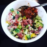 Tanushree Dutta Instagram – Quinoa salad loaded with exotic veggies, anjeer chunks for sweetness. A dollop of tangy homemade tomato salsa and raw peanuts to top it all…dressing needed?? Maybe…maybe not. #healthfood