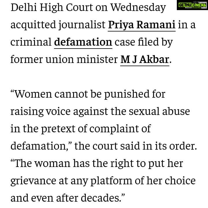 Tanushree Dutta Instagram - Heartfelt congratulations to the brave and resilient Priya Ramani on her big win!! Your determination in the face of adversity and legal harassment for 2 years by a wicked and vindictive man has won you the respect of the whole nation. Salutations to senior advocate Rebecca John! 97:1 The odds were against you Rebecca from the start but your conviction on your client, her truth and your ability to uphold the truth in the face of everything that was thrown at you is truly praiseworthy!! Thankyou justice ACMM Ravindra Kumar Pandey for your profound court observations with closing statements on the case and this landmark verdict that will impact millions of lives for the better. God bless you and your family with health, wealth and happiness! Possibly, henceforth these false and malicious defamation cases on #metoo whistleblowers need to be dismissed right away on the first court hearing instead of wasting the courts time and making the women go through unnecessary hassles. It's a new legal precedent in India towards women's safety and I welcome it with open arms!