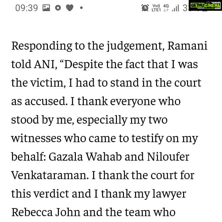 Tanushree Dutta Instagram - Heartfelt congratulations to the brave and resilient Priya Ramani on her big win!! Your determination in the face of adversity and legal harassment for 2 years by a wicked and vindictive man has won you the respect of the whole nation. Salutations to senior advocate Rebecca John! 97:1 The odds were against you Rebecca from the start but your conviction on your client, her truth and your ability to uphold the truth in the face of everything that was thrown at you is truly praiseworthy!! Thankyou justice ACMM Ravindra Kumar Pandey for your profound court observations with closing statements on the case and this landmark verdict that will impact millions of lives for the better. God bless you and your family with health, wealth and happiness! Possibly, henceforth these false and malicious defamation cases on #metoo whistleblowers need to be dismissed right away on the first court hearing instead of wasting the courts time and making the women go through unnecessary hassles. It's a new legal precedent in India towards women's safety and I welcome it with open arms!