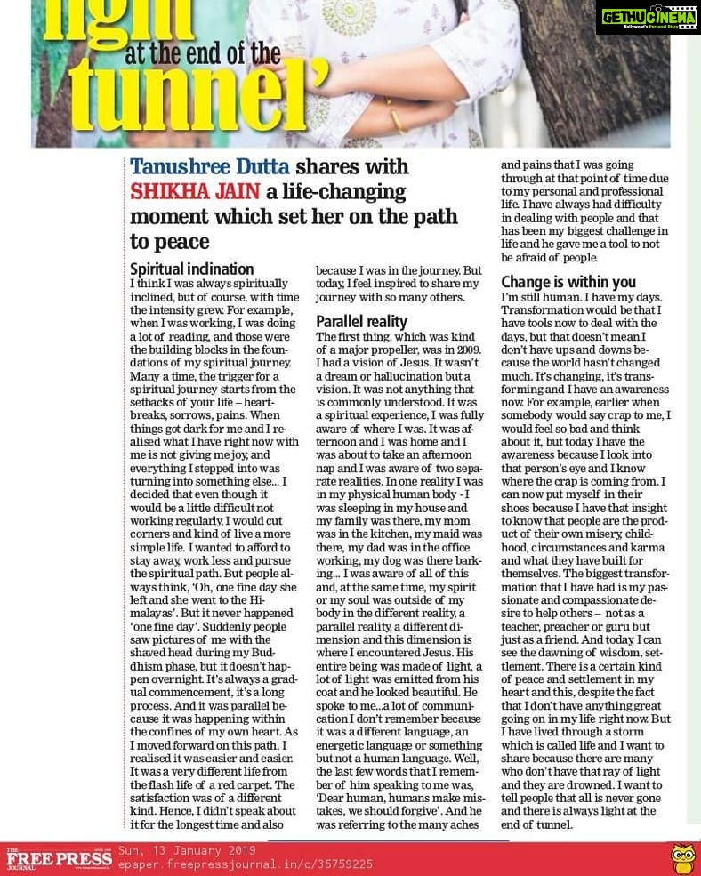 Tanushree Dutta Instagram - There is always light at the end of the tunnel.Theres always hope in the face of utter despair and there is a higher power that looks over us when we face demons that threaten to destroy us compleetely!! Choose your path and find your God.It waits for you.This article in sunday paper.