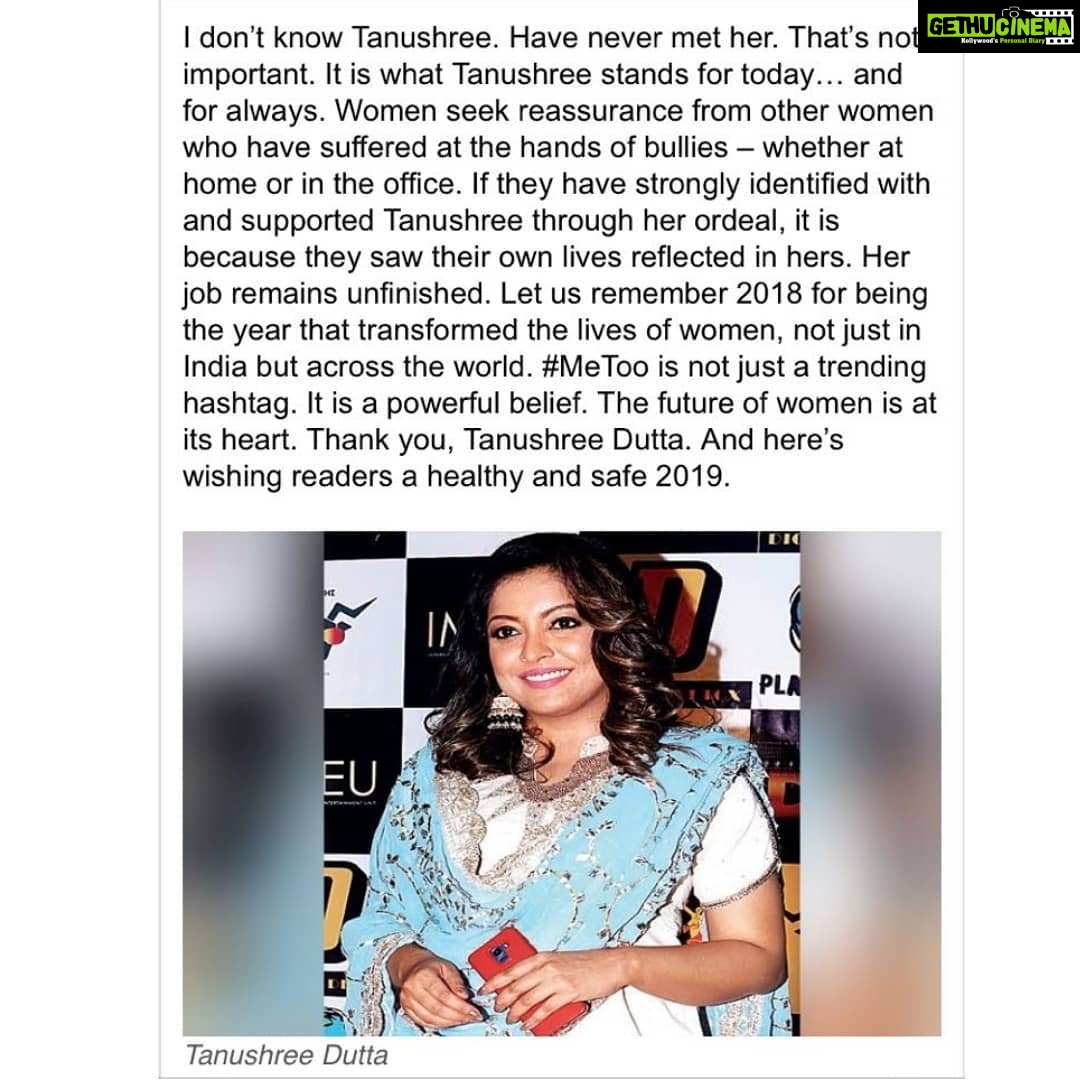 Tanushree Dutta Instagram - Touched by this wonderful article written by shobhaa de in today's paper. #mumbaimirror #indiatimes