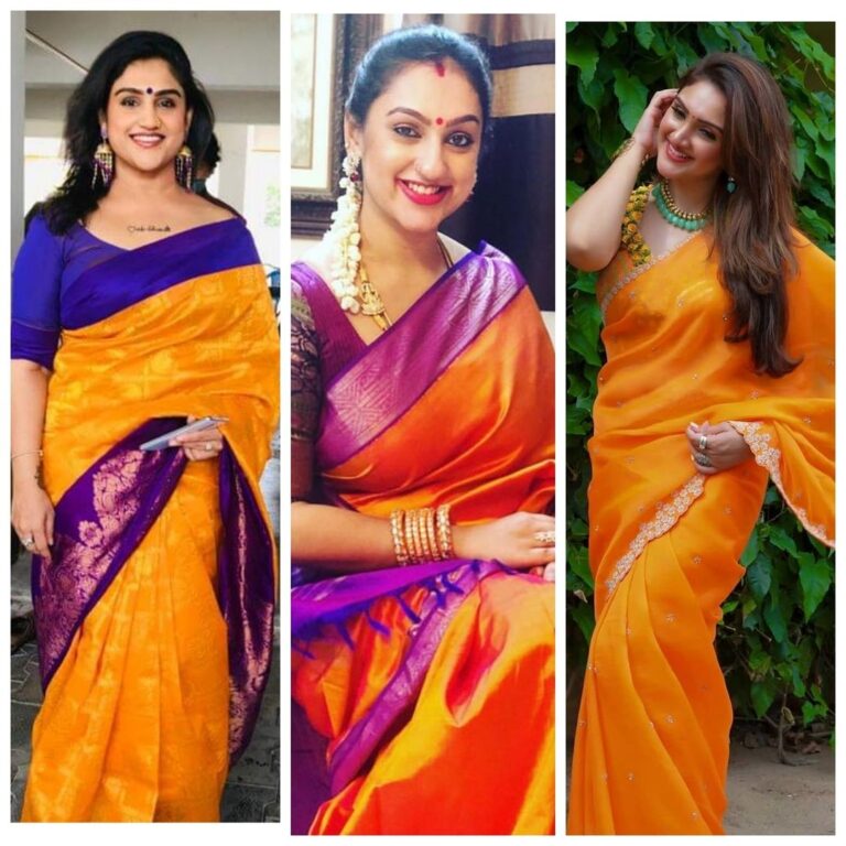 Vanitha Vijayakumar Instagram - Someone tweeted this pic... actually a lovely collage in all Mambalam manjal... proud to say all 3 of us has have maintained ourselves so well..no one is lesser than the other ...❤️