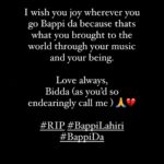 Vidya Balan Instagram - I wish you joy wherever you go Bappi da because thats what you brought to the world through your music and your being. Love always, Bidda (as you’d so endearingly call me ) 🙏💔 #RIP #BappiLahiri #BappiDa