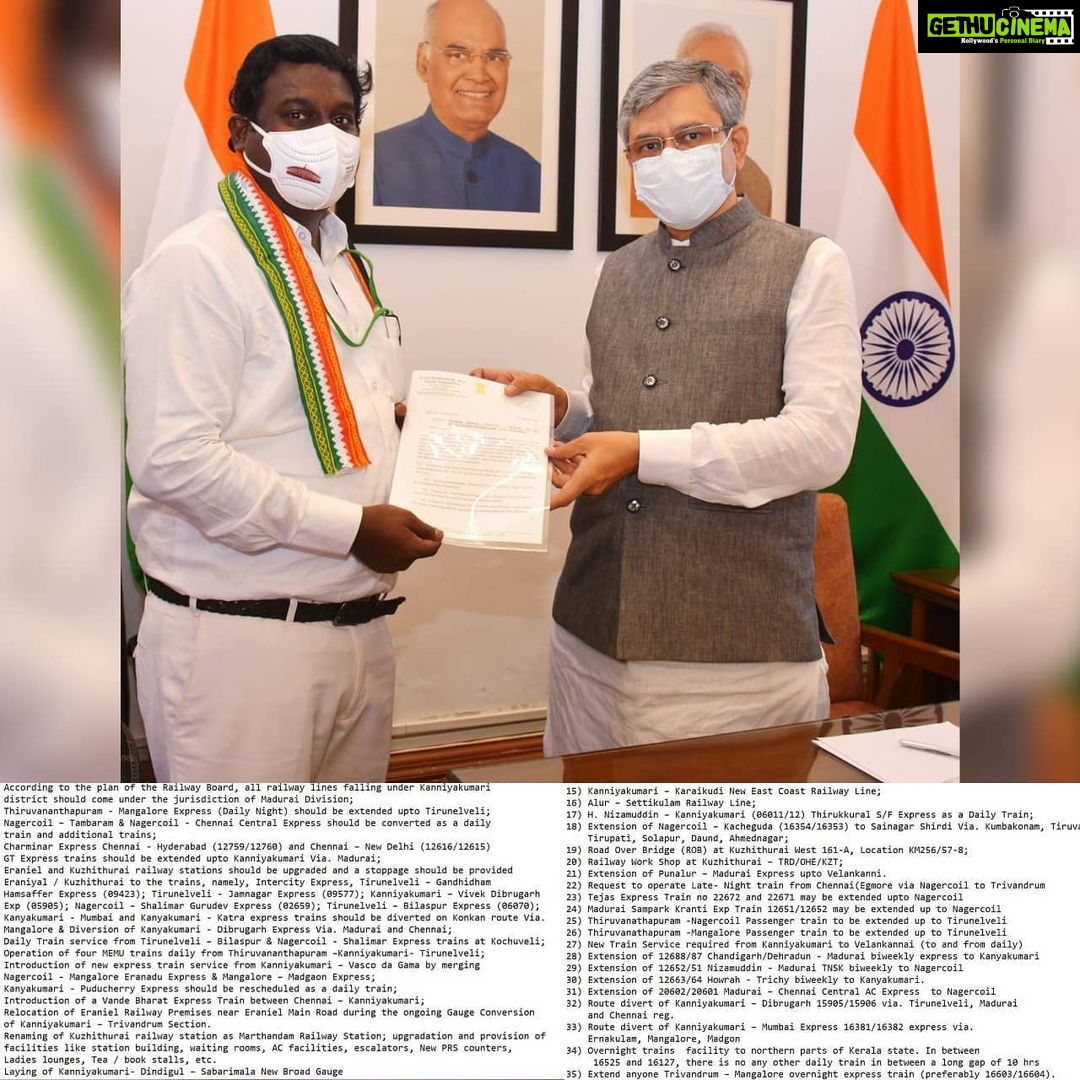 Vijay Vasanth Instagram - மாண்புமிகு மத்திய ரயில்வே துறை அமைச்சர் திரு அஸ்வினி வைஷ்ணவ் அவர்களை சந்தித்து குமரி மாவட்ட மக்கள் மற்றும் ரயில் பயணிகளின் நீண்ட நாள் கோரிக்கைகளை முன் வைத்தேன். புதிய ரயில்கள், புதிய வழித்தடங்கள், ரயில் நிலையங்களின் மேம்படுத்துதல் உட்பட்ட பல்வேறு கோரிக்கைகள் முன் வைக்கப்பட்டது.
