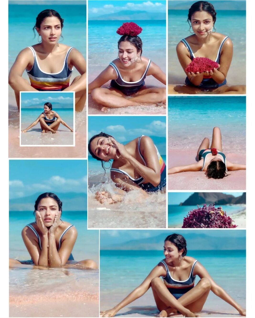 Amala Paul Instagram - Call me a beach bum and I'll probably say 'yes ma'am'. 🤭🌊🌊🌊🌊🌊 📸: Throwback to my trip to pink island, Indonesia -- 2019. Fun fact: Pantai Merah or simply, the pink beach Komodo Island, is one of the seven pink sand beaches across the world. What makes the sand appear pink under the sun are microscopic residents, organisms called Foraminifera. They produce a red pigment on the coral reefs and leave small red particles behind that blend with the white sand, forming a soft pink tint that glows beautifully and is visible from the shore, water, and viewpoints on the hills. #vacay #vacaydiaries #vacation #pinkbeach #pink #pinkisland #beach #beachbum #beachesbecray #precovid Pink Beach
