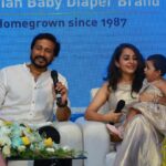 Bhama Instagram - 💛💙 @snuggybabydiapers Gold attire 💛💙 @milandesignkochi @sherlyregimon #Snuggy Gold Diaper #Re introduced #Kerala #Gauris first Prgrm #Family #Cochin