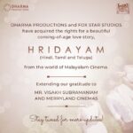 Karan Johar Instagram - I am so delighted and honoured to share this news with you. Dharma Productions & Fox Star Studios have acquired the rights to a beautiful, coming-of-age love story, #Hridayam in Hindi, Tamil & Telugu – all the way from the south, the world of Malayalam cinema. Thank you @visakhsubramaniam & @cinemasmerryland for this huge win. Can't wait for you to see it! More updates incoming, stay tuned!❤️ @apoorva1972 @dharmamovies @foxstarhindi #FoxStarStudios