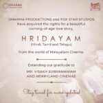 Mohanlal Instagram - The Hindi, Tamil and Telugu remake rights of #Hridayam have been acquired by Dharma Productions and Fox Star Studios. Congratulations to the entire team! @karanjohar @dharmamovies @foxstarhindi @cinemasmerryland @visakhsubramaniam @vineeth84 @pranavmohanlal