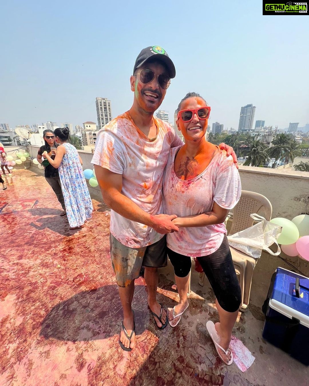 Neha Dhupia Instagram - The best kinda mess! From ours to yours … #happyholi 💜💜💜💜