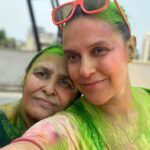 Neha Dhupia Instagram – The best kinda mess! From ours to yours … #happyholi 💜💜💜💜