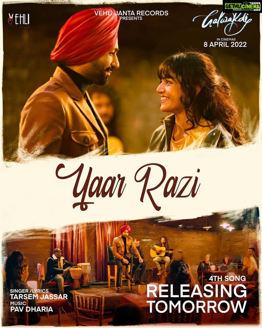 Wamiqa Gabbi Instagram - ‘Yaar Razi’ from GALWAKDI releasing tomorrow. Our film is releasing on 8th April at cinemas near you.