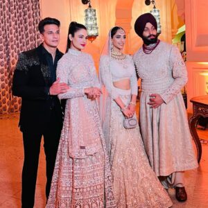 Yuvika Chaudhary Instagram - Congratulations beautiful couple @abhaynoorsingh_ @noorkaruaashiqui ❤️❤️. Outfit- @soshaibysofi @studiopriveofficial Styled by- @junejasanchi Makeup by- @raveen_anand